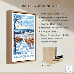 Framed canvas print of Niagara-on-the-Lake winter vineyard, snowy landscape wall art with wooden float frame