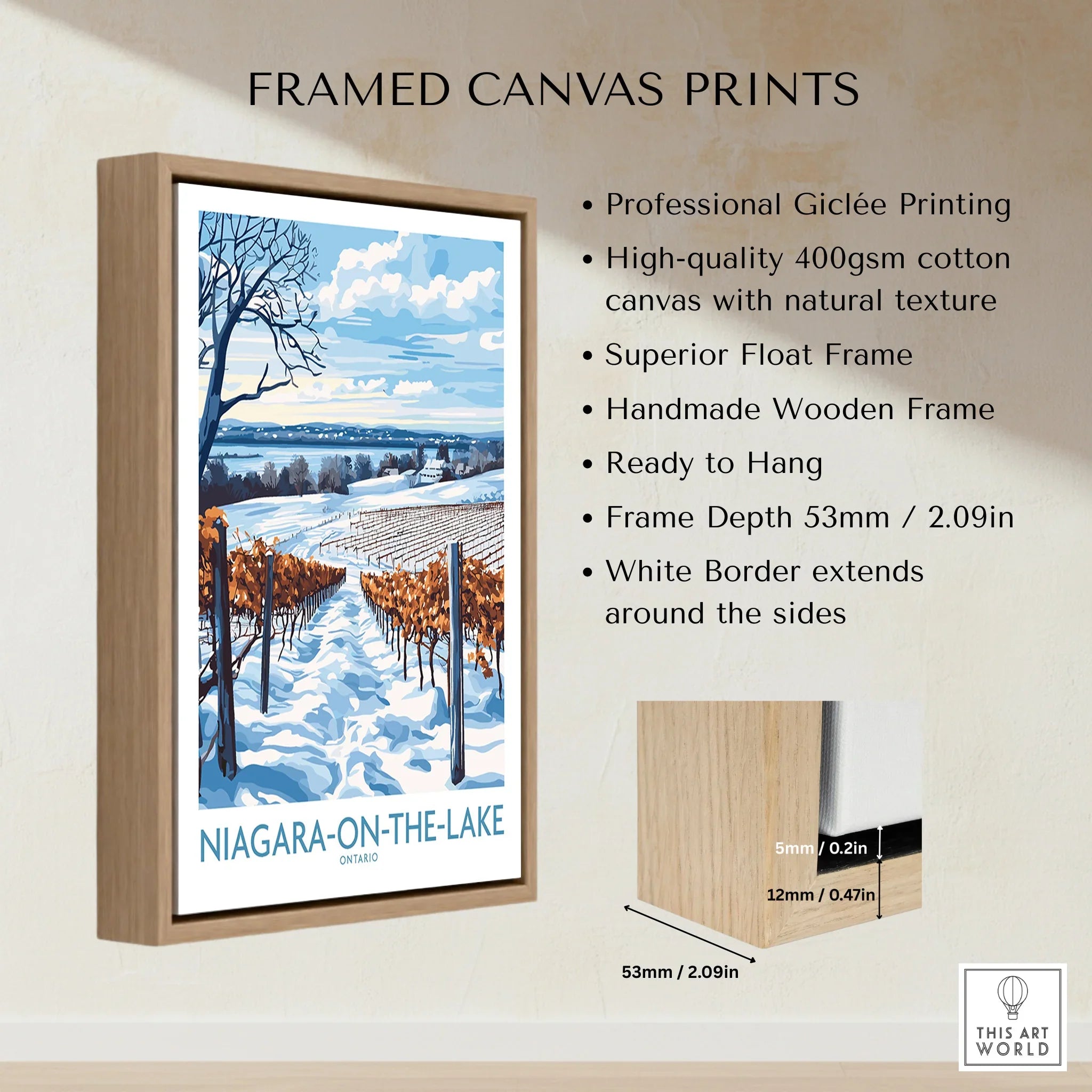 Framed canvas print of Niagara-on-the-Lake winter vineyard, snowy landscape wall art with wooden float frame