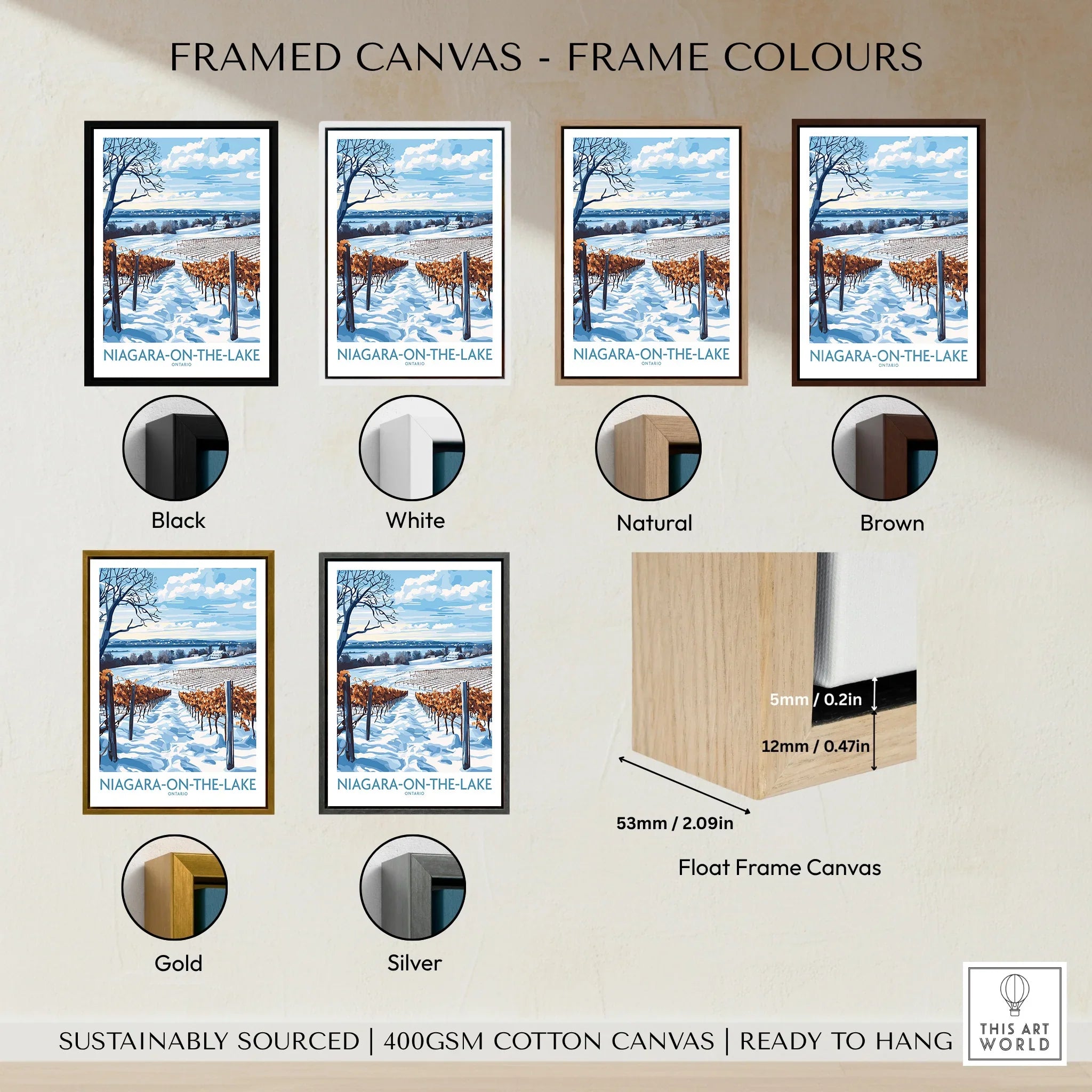 Niagara-on-the-Lake winter vineyard art print in black, white, natural, brown, gold, and silver frames