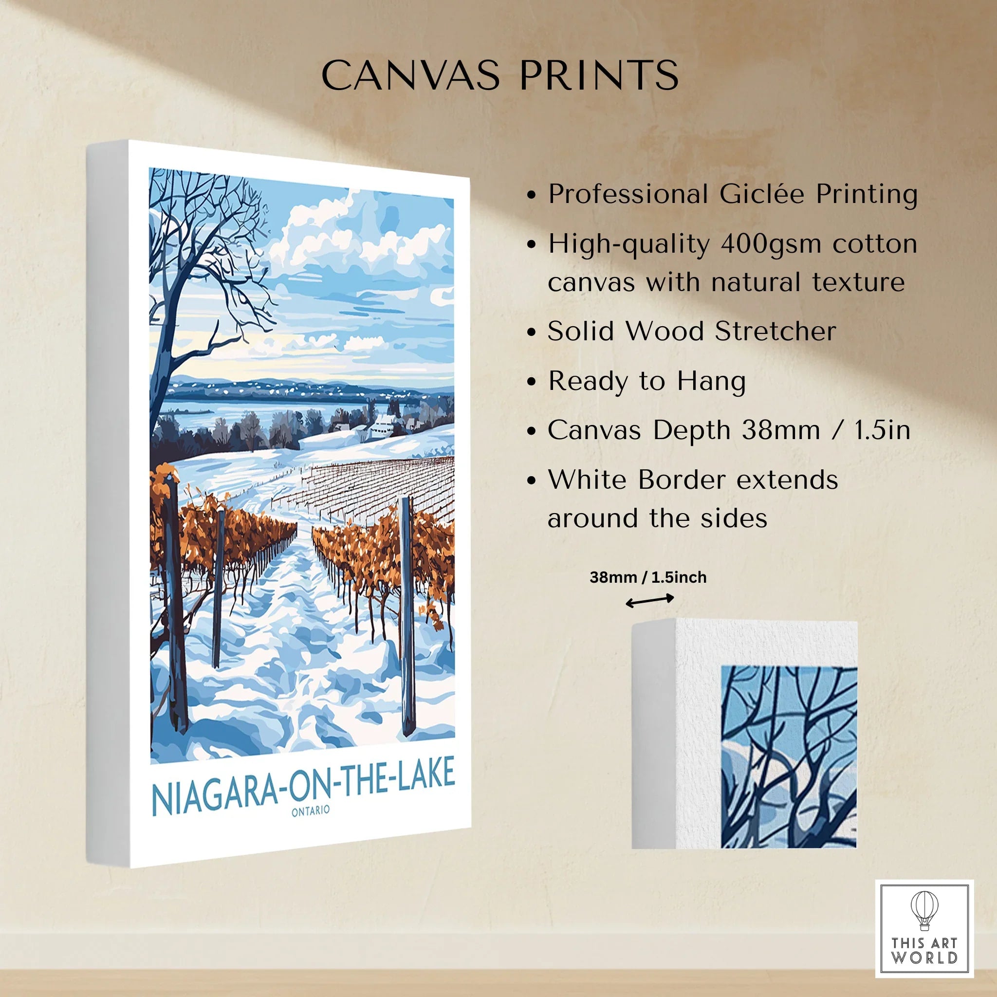 Niagara-on-the-Lake winter vineyard canvas print, snow-covered landscape with blue sky, ready to hang wall art