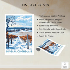 Niagara-on-the-Lake winter vineyard art print, snow-covered rows, blue sky, ready to frame wall decor