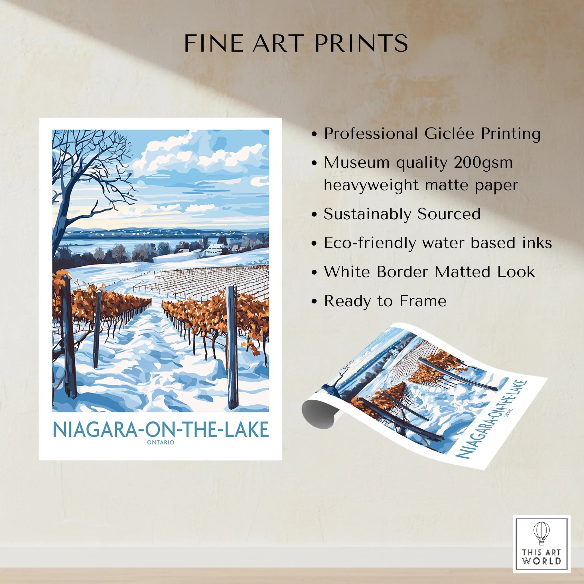 Niagara-on-the-Lake winter vineyard art print, snow-covered rows, blue sky, ready to frame wall decor