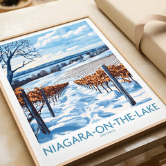 Niagara-on-the-Lake winter vineyard travel poster, Ontario wall art print with snowy landscape and blue sky