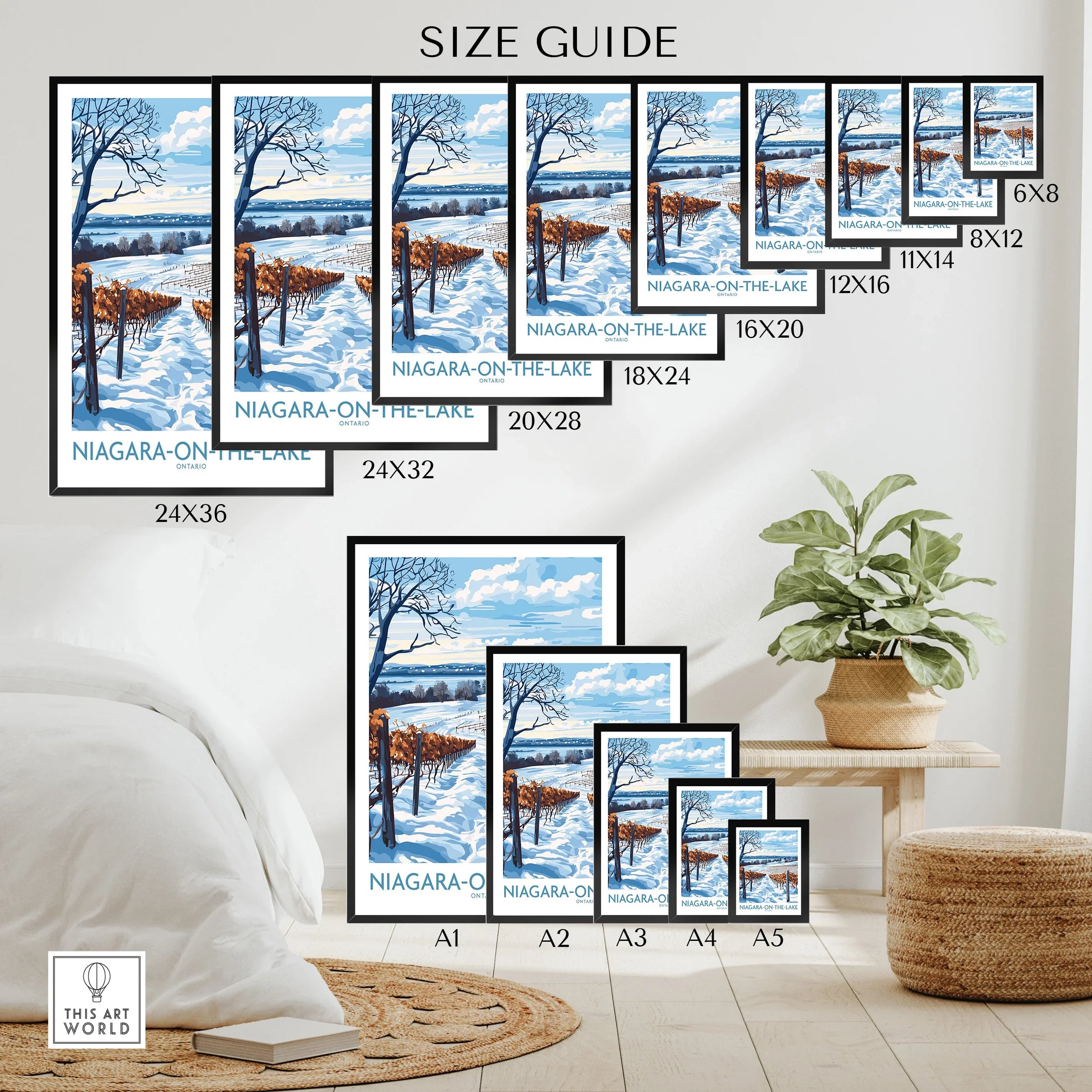 Niagara-on-the-Lake winter vineyard art print size guide for home wall decor