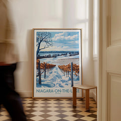 Niagara-on-the-Lake winter vineyard travel poster, snow-covered rows, blue sky, framed wall art for home decor
