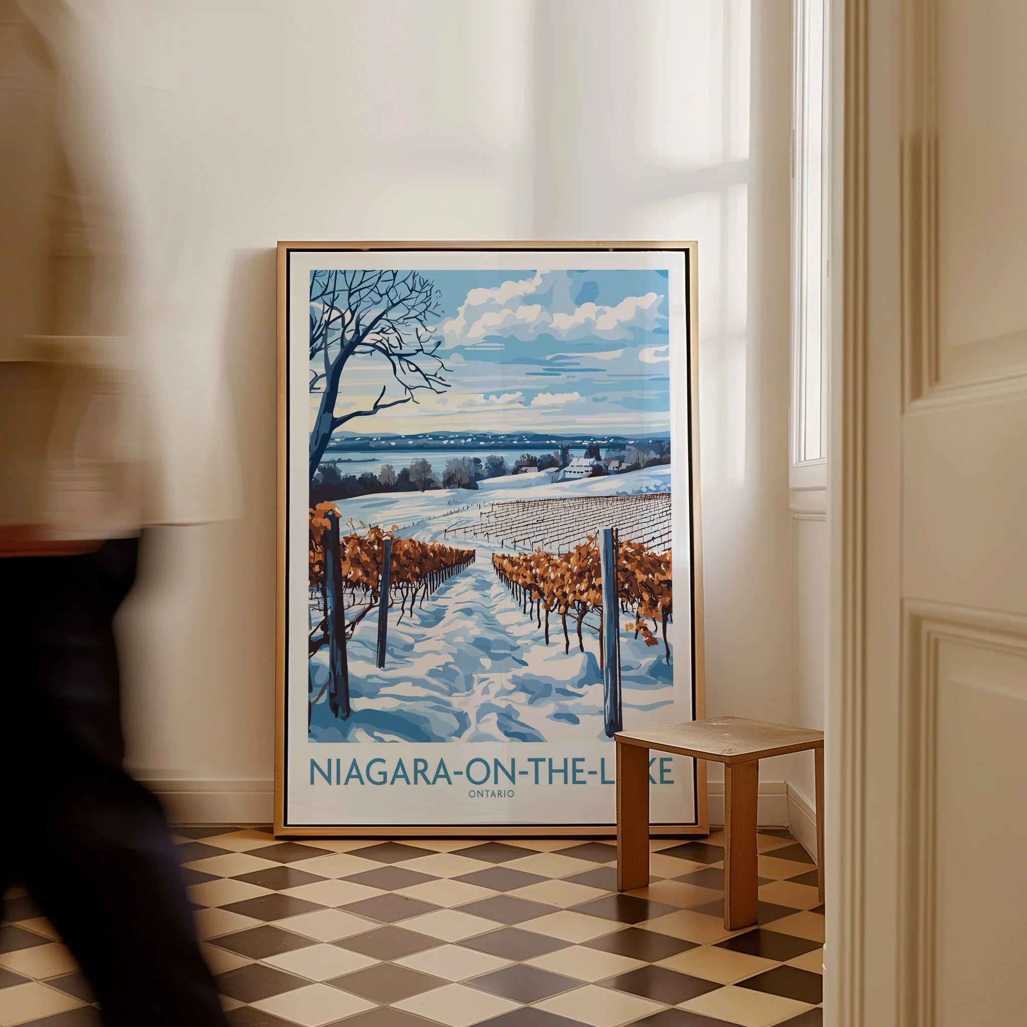 Niagara-on-the-Lake winter vineyard travel poster, snow-covered rows, blue sky, framed wall art for home decor