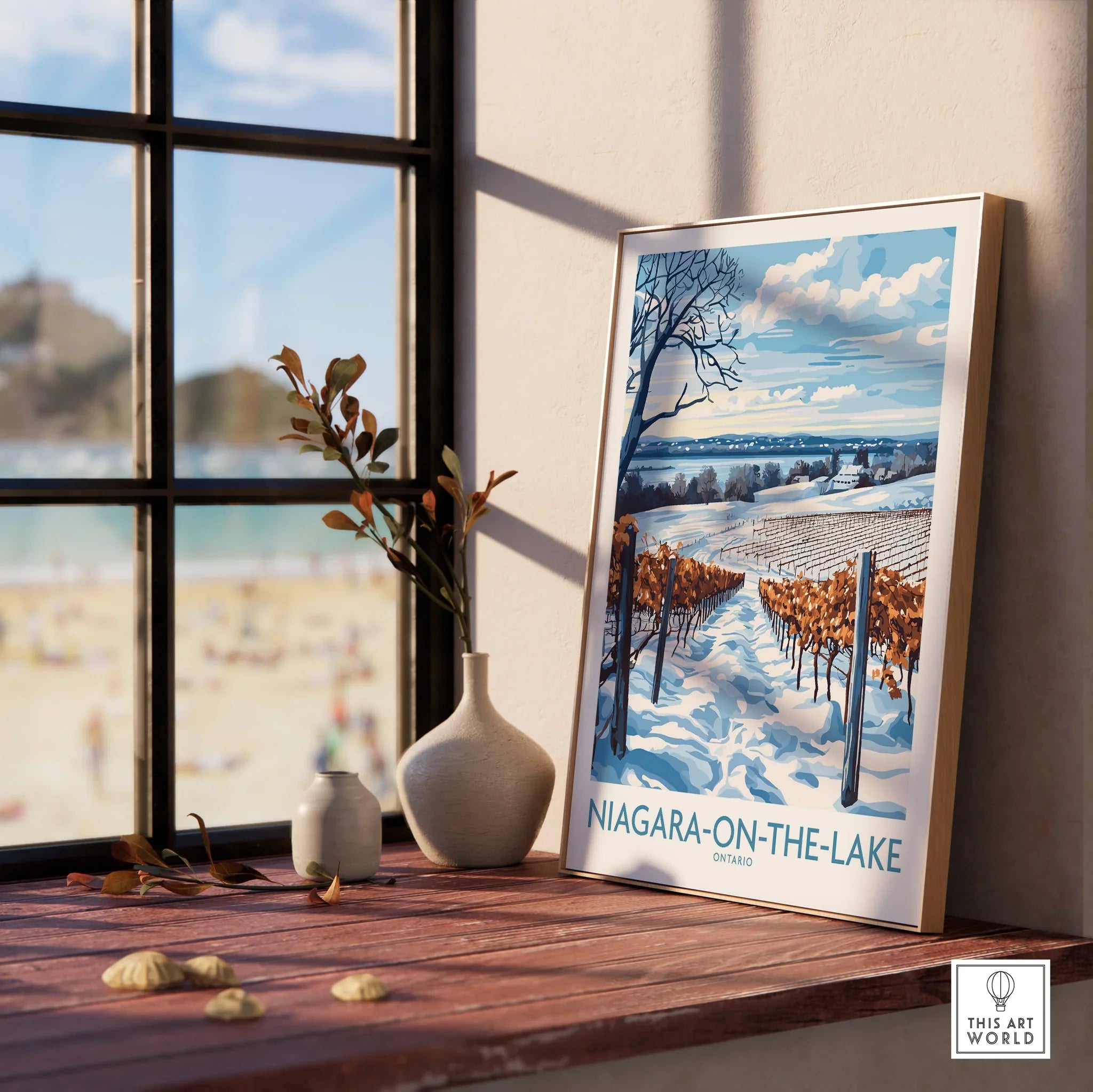 Niagara-on-the-Lake winter vineyard travel poster, framed wall art for home decor near window