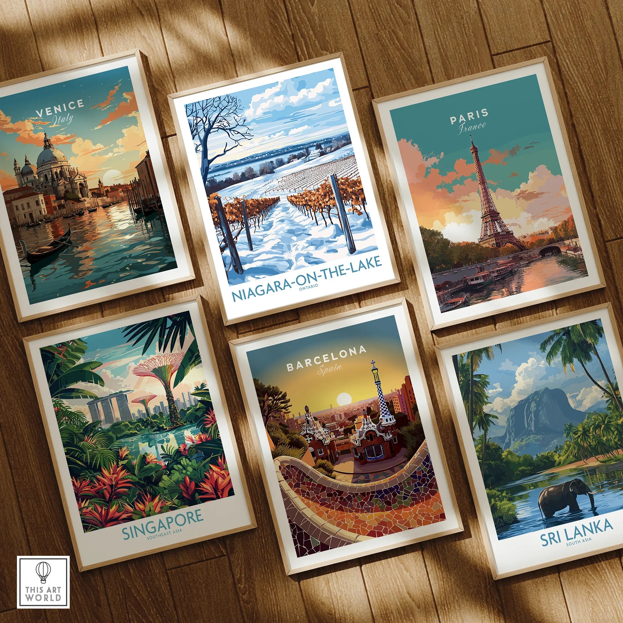 Framed travel posters of Venice, Paris, Singapore, Barcelona, Sri Lanka, and Niagara-on-the-Lake for wall art decor