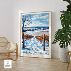 Niagara-on-the-Lake Ontario winter vineyard travel poster wall art print with snow and blue sky