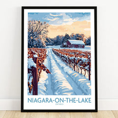 Niagara-on-the-Lake winter vineyard travel poster, snowy landscape with red barn, Ontario wall art