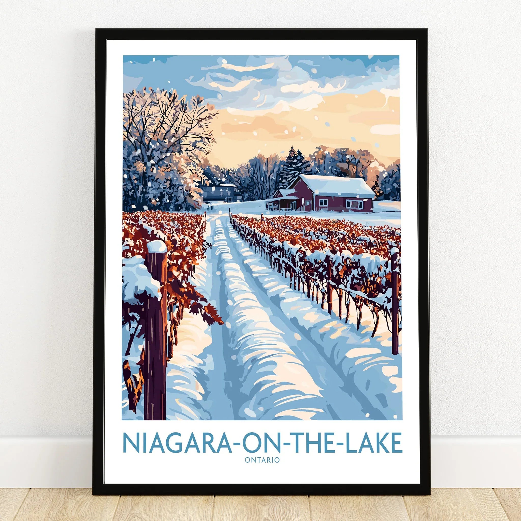 Niagara-on-the-Lake winter vineyard travel poster, snowy landscape with red barn, Ontario wall art