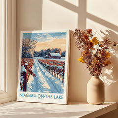 Niagara-on-the-Lake winter vineyard travel poster, snow-covered rows, red barn, Ontario wall art decor