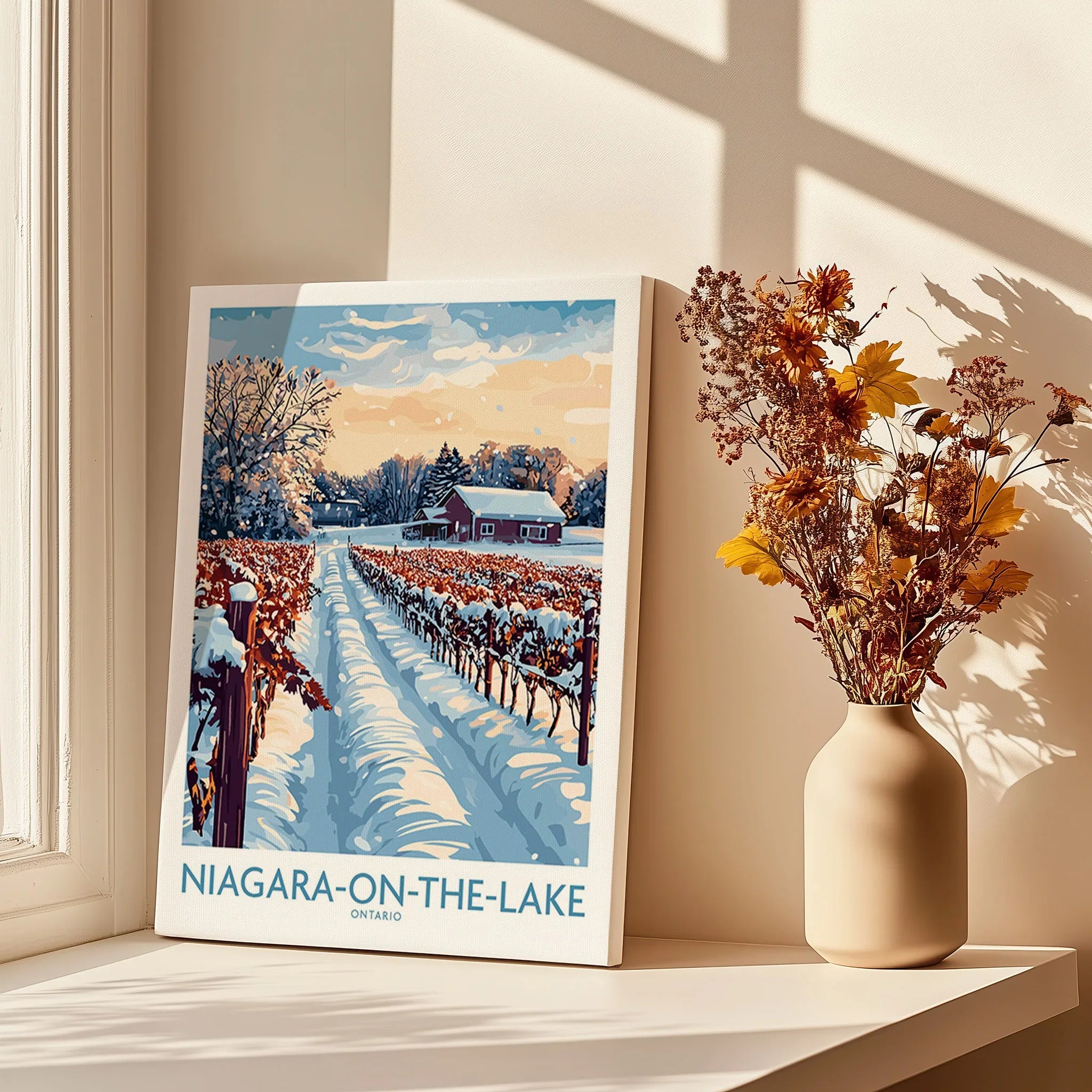 Niagara-on-the-Lake winter vineyard travel poster, snow-covered rows, red barn, Ontario wall art decor