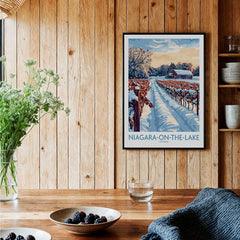 Niagara-on-the-Lake winter vineyard travel poster, Ontario wall art for cozy home decor