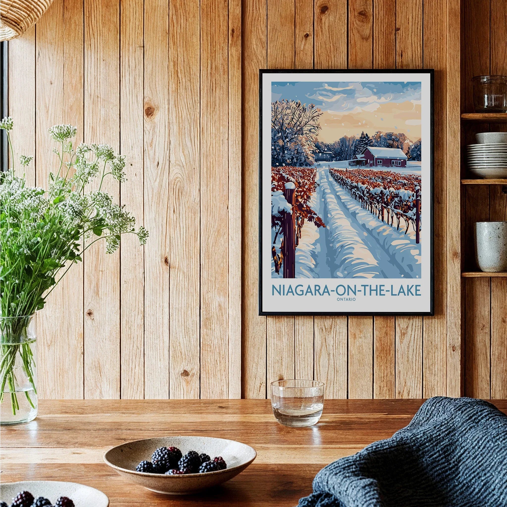Niagara-on-the-Lake winter vineyard travel poster, Ontario wall art for cozy home decor