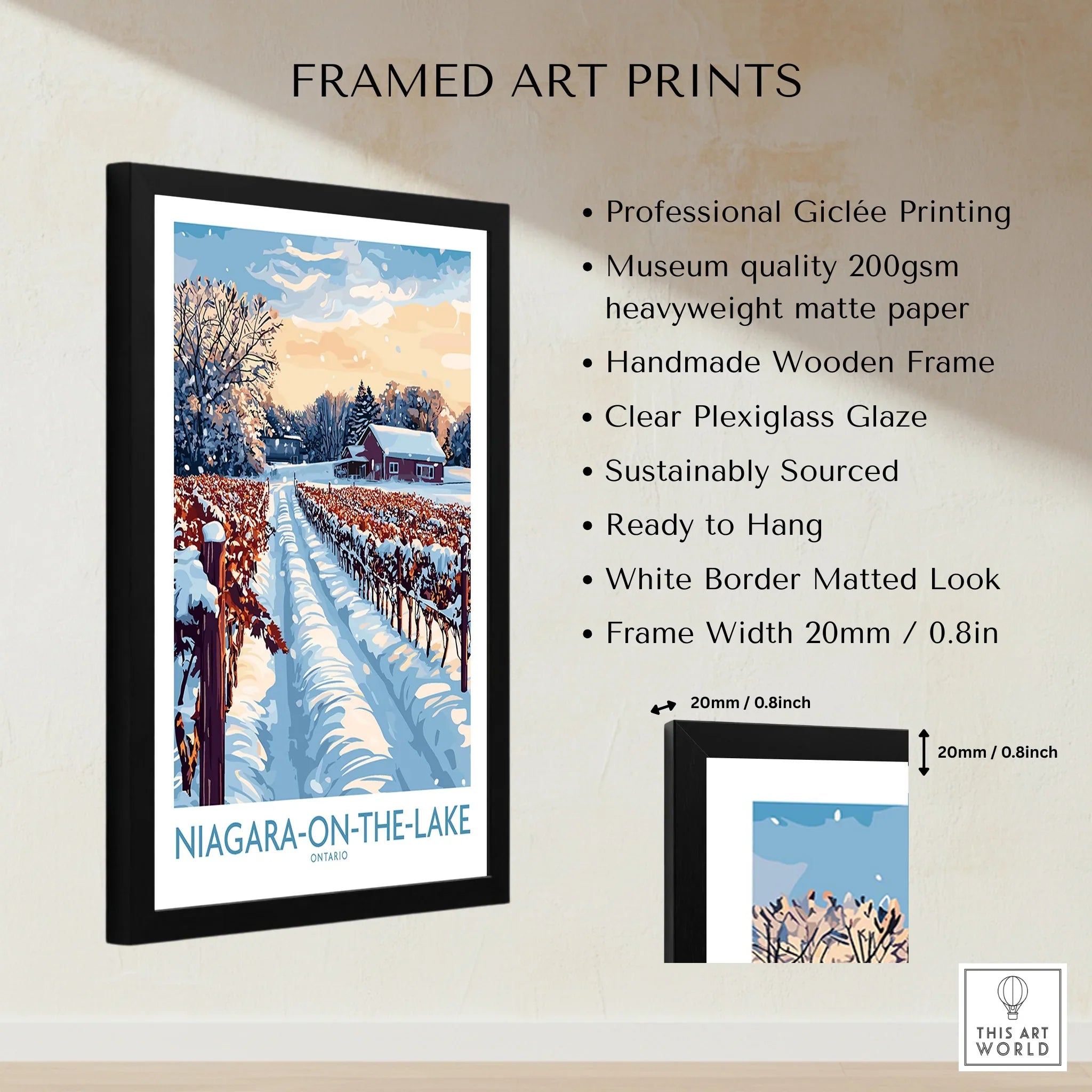 Framed Niagara-on-the-Lake winter vineyard art print, snowy landscape wall decor with red barn