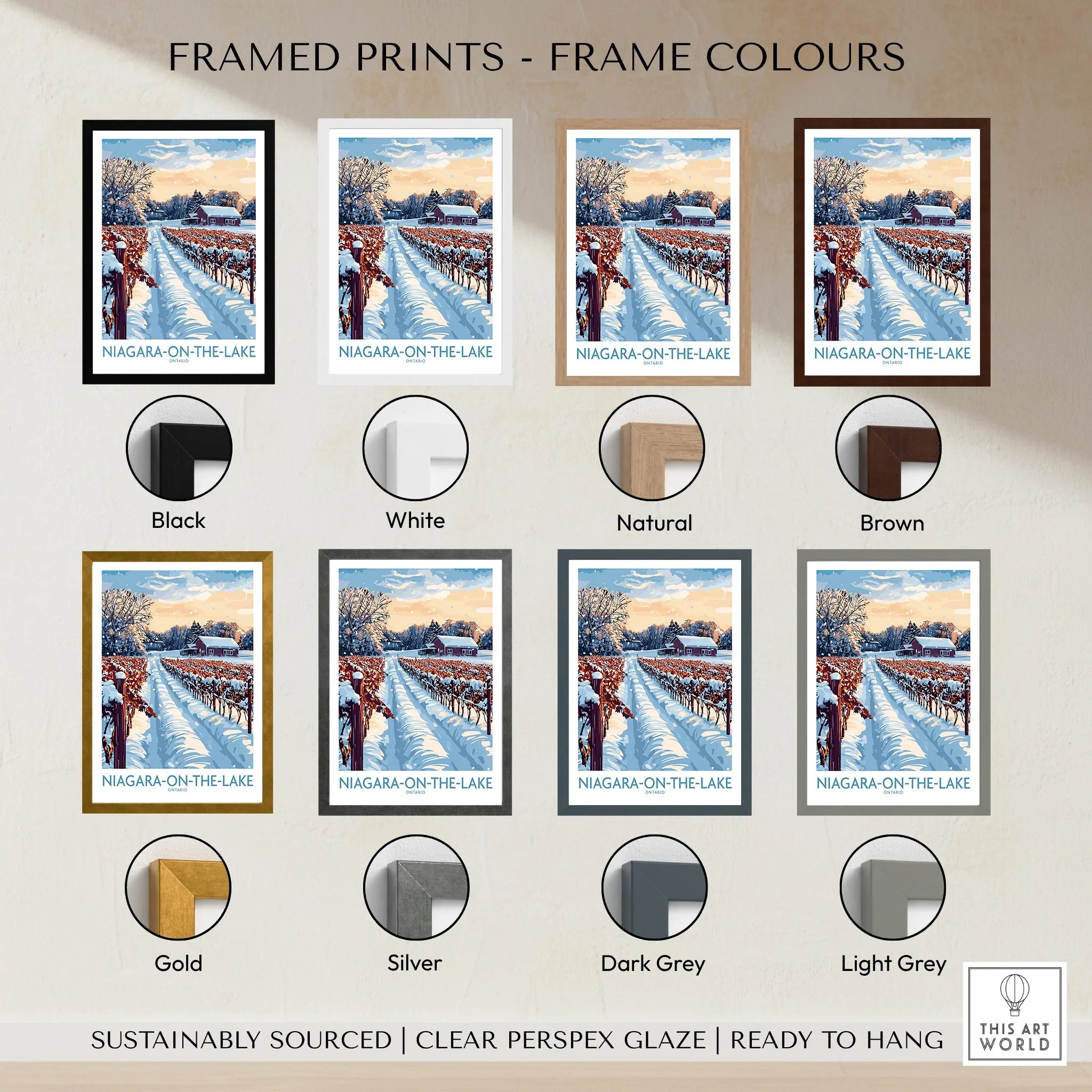 Niagara-on-the-Lake winter vineyard print in 8 frame colors, ready to hang wall art for home decor