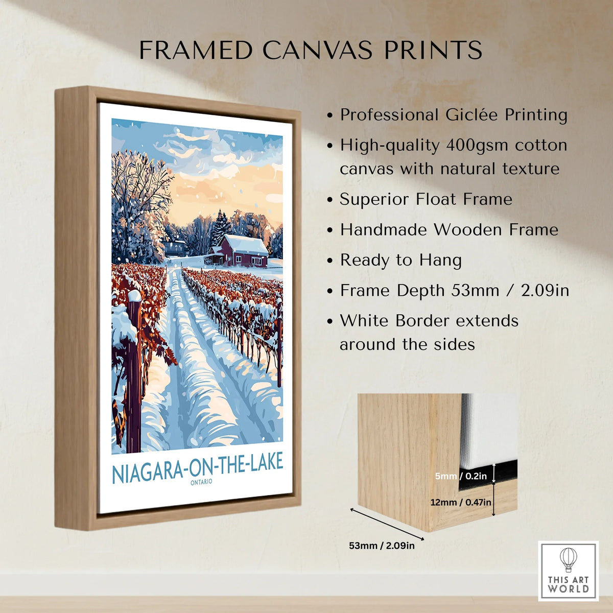 Framed canvas print of snowy Niagara-on-the-Lake vineyard, Ontario travel poster wall art with wooden float frame