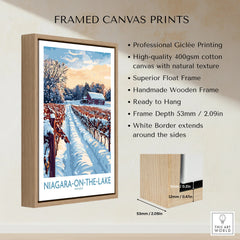Framed canvas print of snowy Niagara-on-the-Lake vineyard, Ontario travel poster wall art with wooden float frame