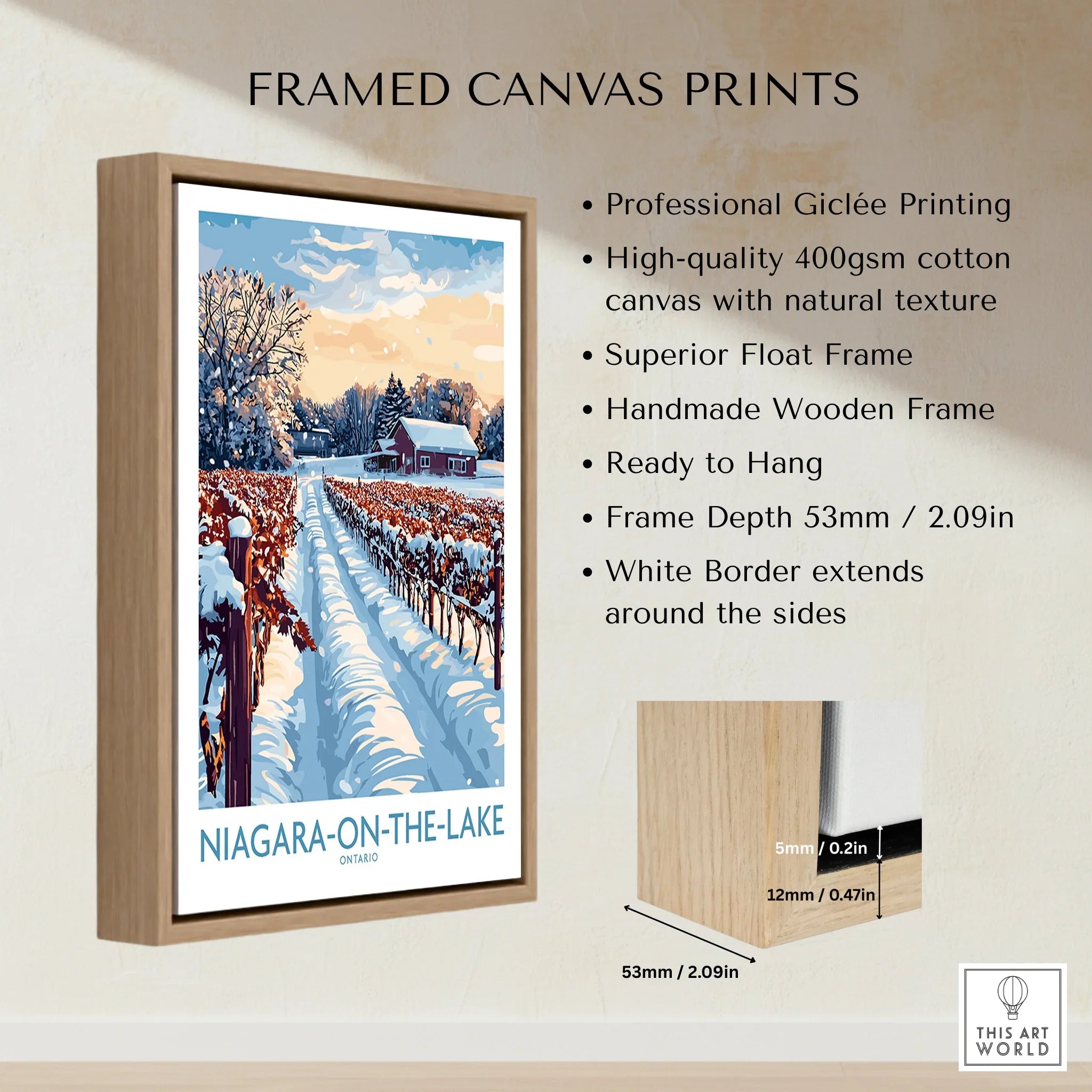 Framed canvas print of snowy Niagara-on-the-Lake vineyard, Ontario travel poster wall art with wooden float frame