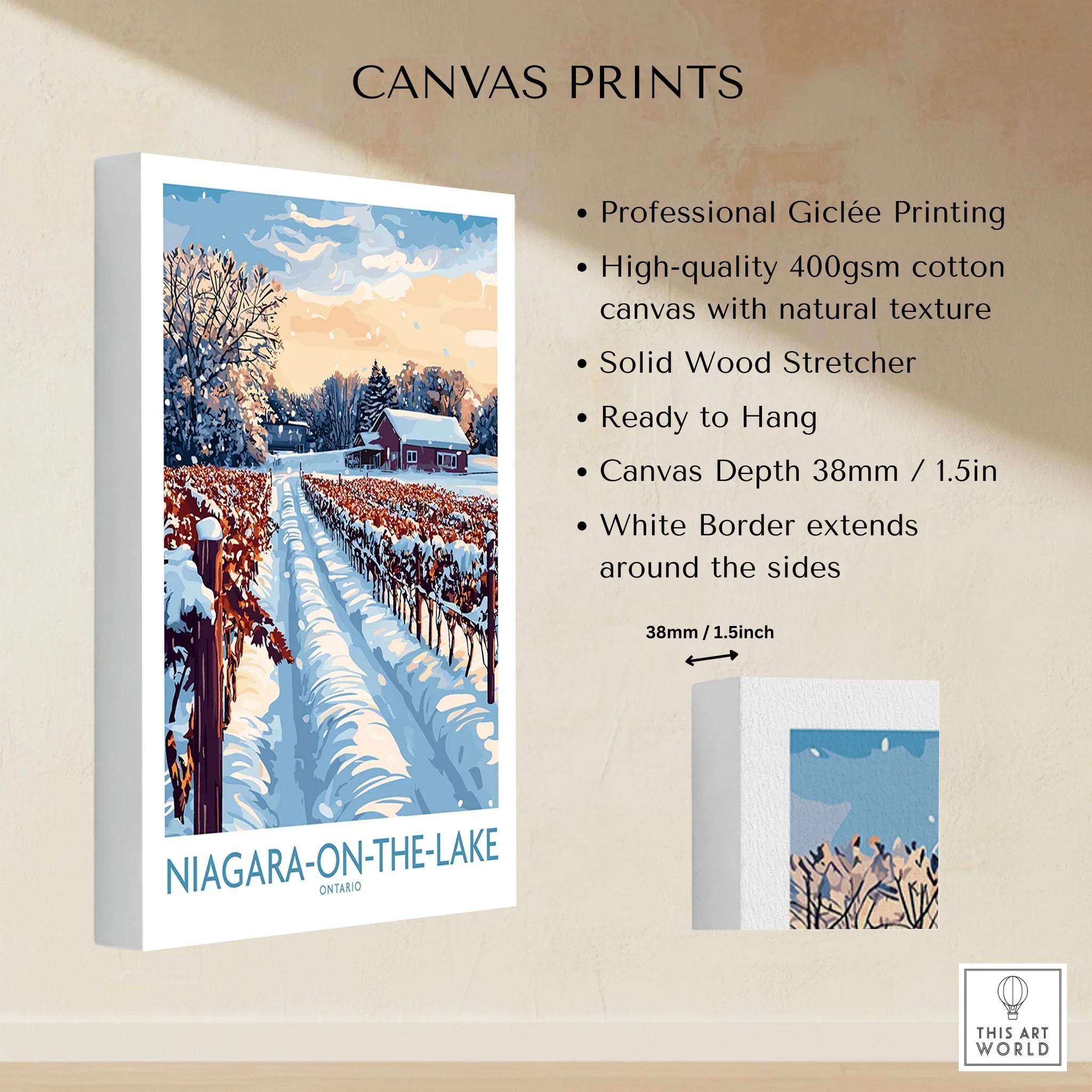 Niagara-on-the-Lake winter vineyard canvas print, snow-covered rows, red barn, travel poster art for home decor