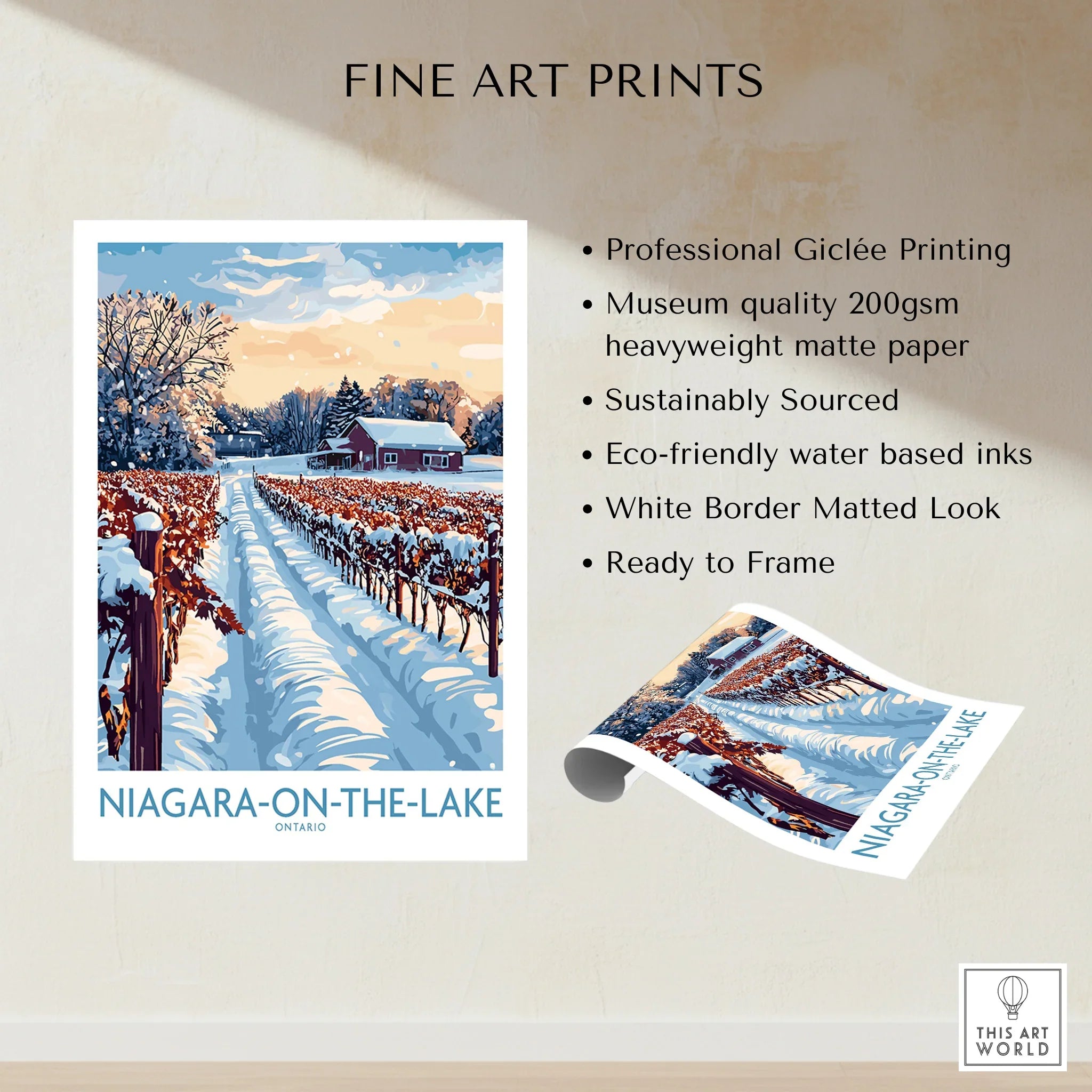 Niagara-on-the-Lake winter vineyard fine art print, snowy landscape with red barn, ready to frame wall art