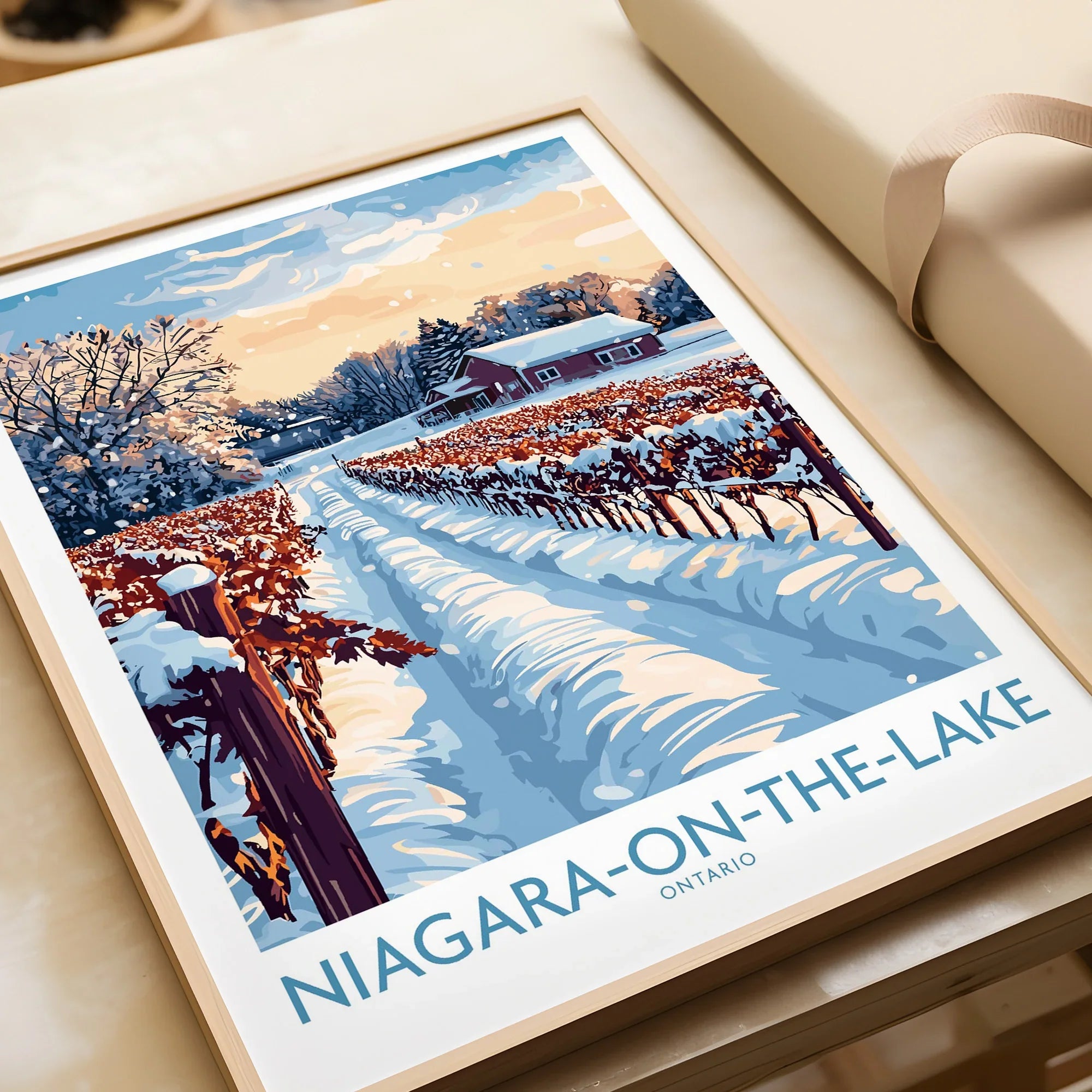 Niagara-on-the-Lake winter vineyard travel poster, Ontario wall art print with snow-covered rows and barn