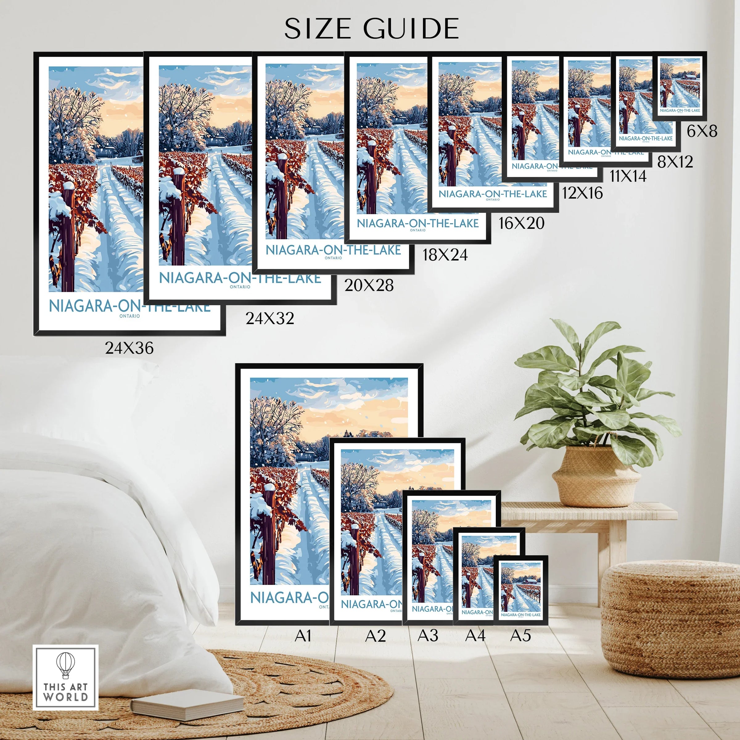 Niagara-on-the-Lake winter vineyard art print size guide for home wall decor