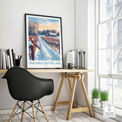 Niagara-on-the-Lake winter vineyard travel poster, framed wall art for home office decor