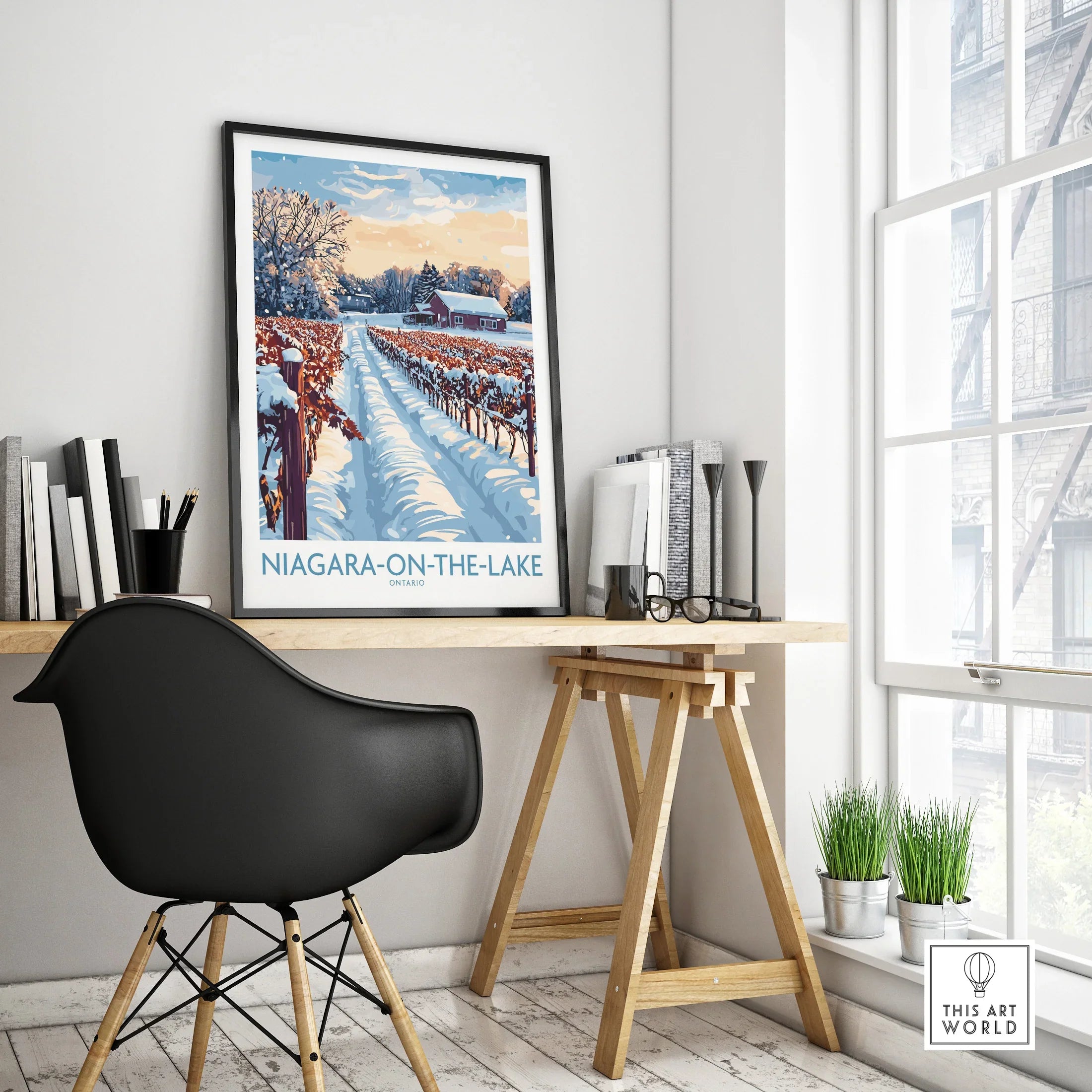 Niagara-on-the-Lake winter vineyard travel poster, framed wall art for home office decor