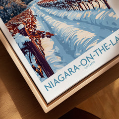 Niagara-on-the-Lake Ontario travel poster art print with autumn trees and water, framed wall decor