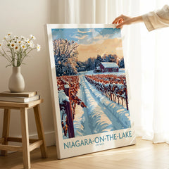 Niagara-on-the-Lake winter vineyard travel poster wall art, snowy landscape with red barn, Ontario print