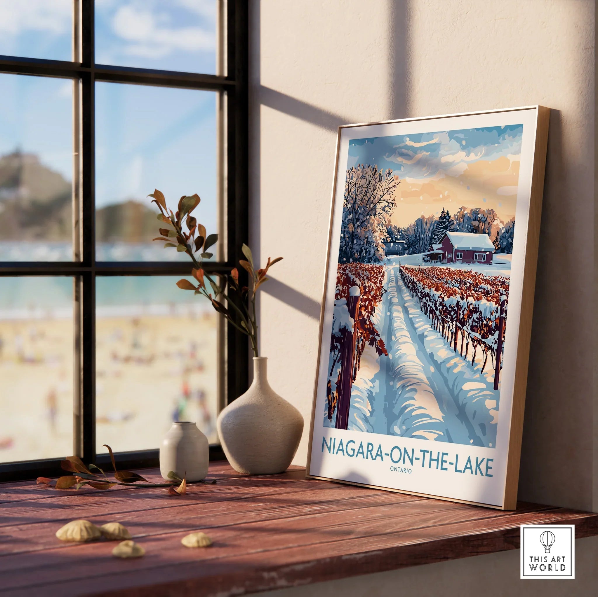 Niagara-on-the-Lake winter vineyard travel poster, framed wall art for home decor