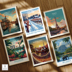 Framed travel posters of Venice, Paris, Niagara, Singapore, Barcelona, Sri Lanka for wall art decor