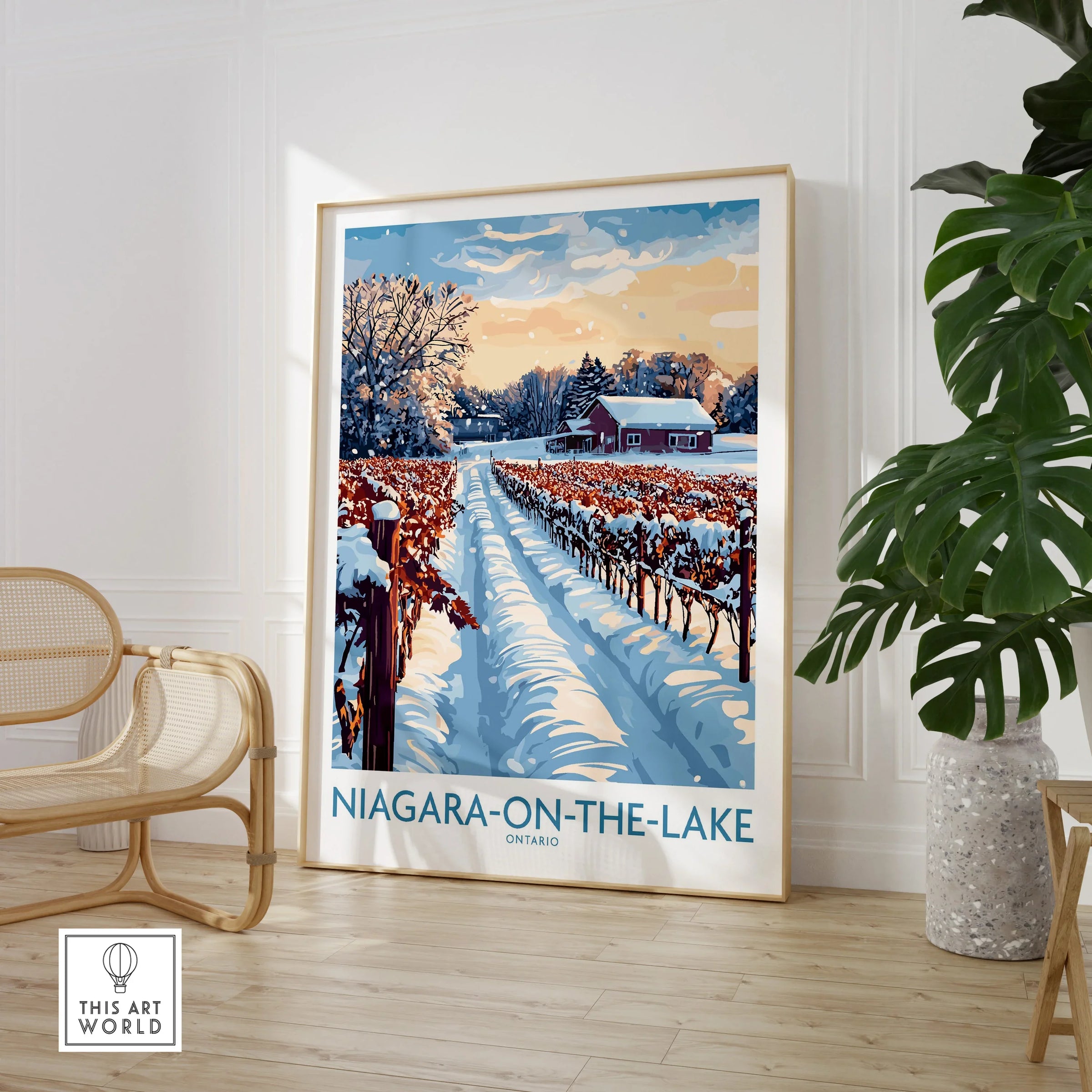 Niagara-on-the-Lake winter vineyard travel poster, Ontario wall art print with snow-covered rows and red barn
