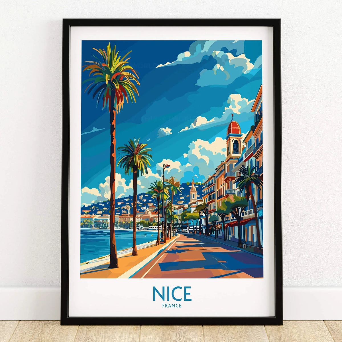 Nice Travel Poster - France showcasing a vibrant beachside scene with palm trees and colorful buildings.