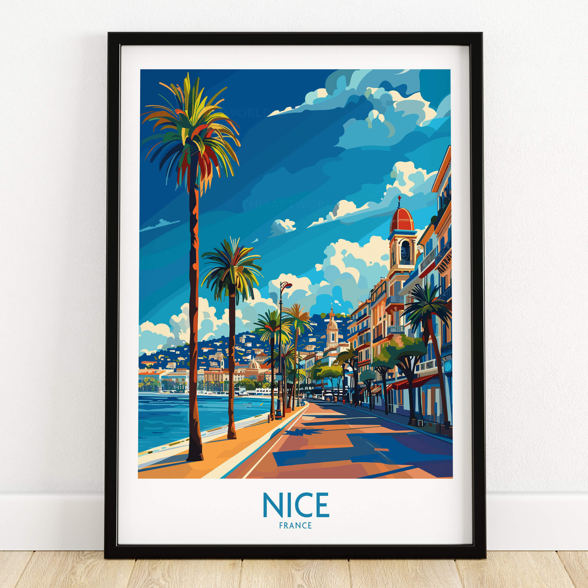 Nice Travel Poster - France showcasing a vibrant beachside scene with palm trees and colorful buildings.
