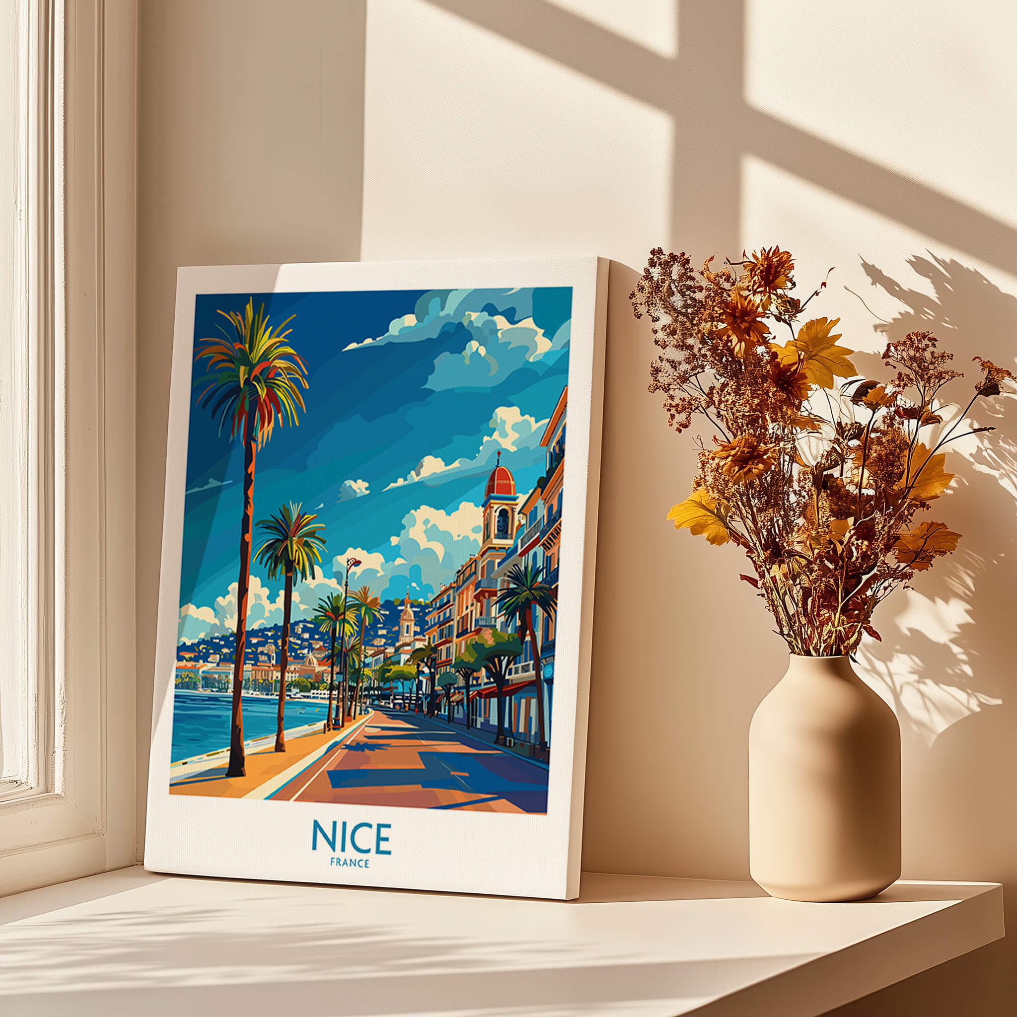 Nice Travel Poster - France featuring a vibrant coastal scene of Nice with palm trees and blue skies.