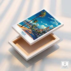 Nice Travel Poster - France displayed on a decorative box, showcasing vibrant colors and French coastal scenery.