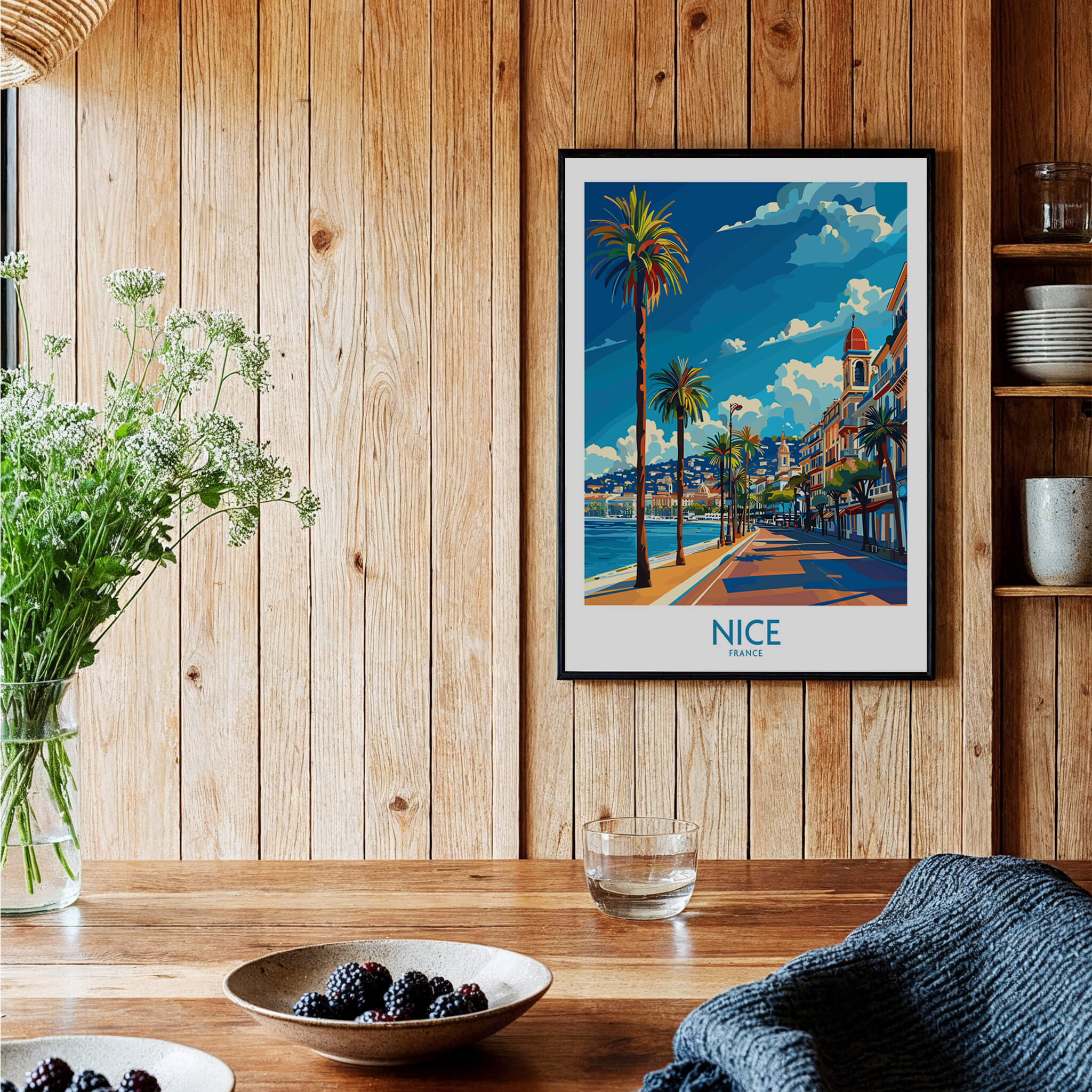 Nice Travel Poster - France showcasing a vibrant coastal scene of Nice with palm trees and a beautiful sky.