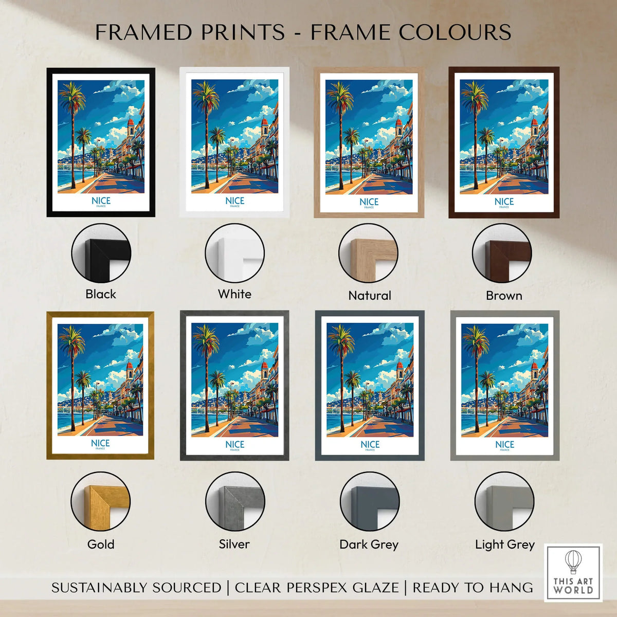 Framed prints of Nice Travel Poster - France with various frame colors including black, white, natural, and brown.