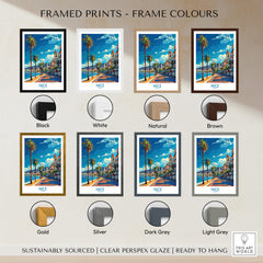 Framed prints of Nice Travel Poster - France with various frame colors including black, white, natural, and brown.