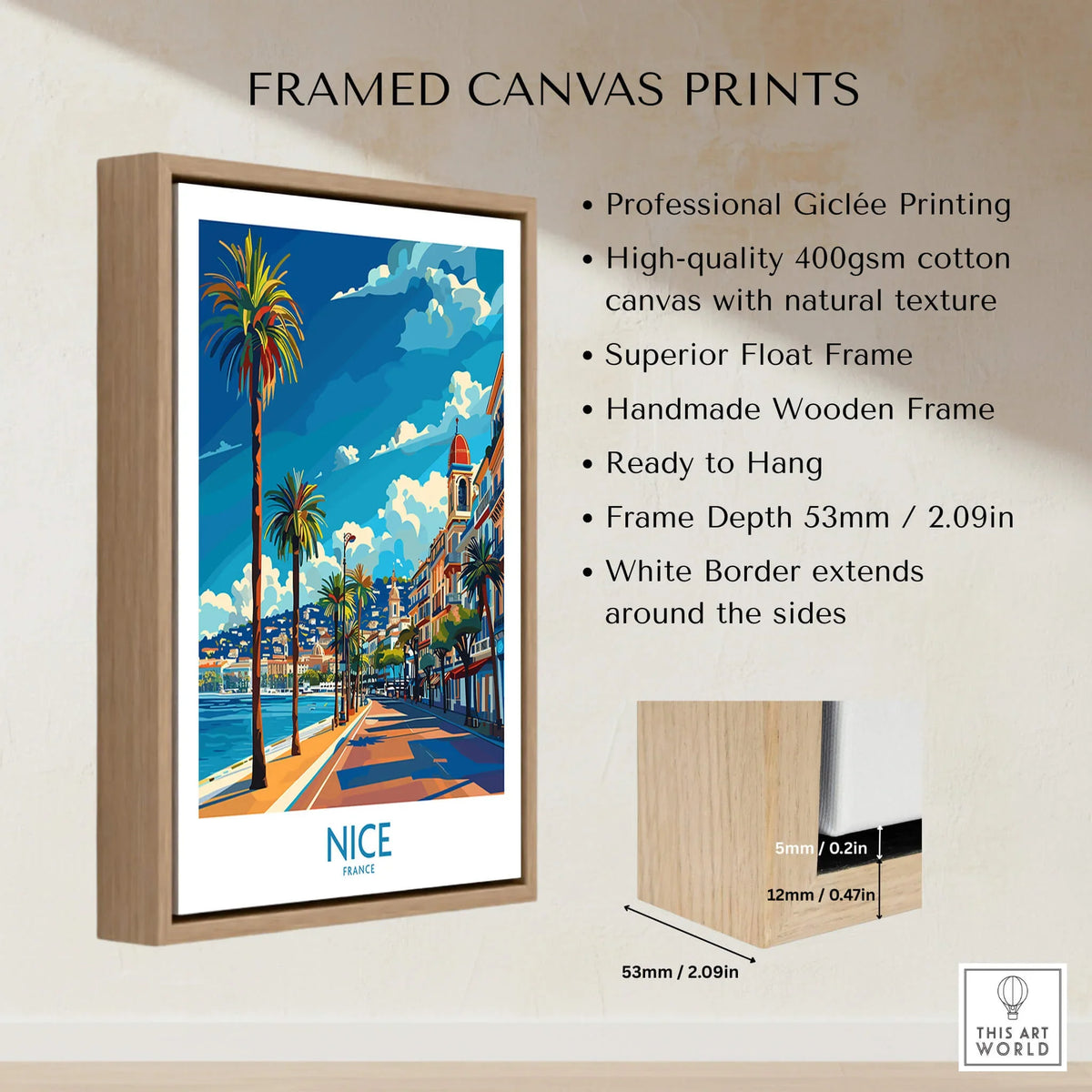 Nice Travel Poster - France framed canvas print featuring vibrant colors and iconic palm trees.
