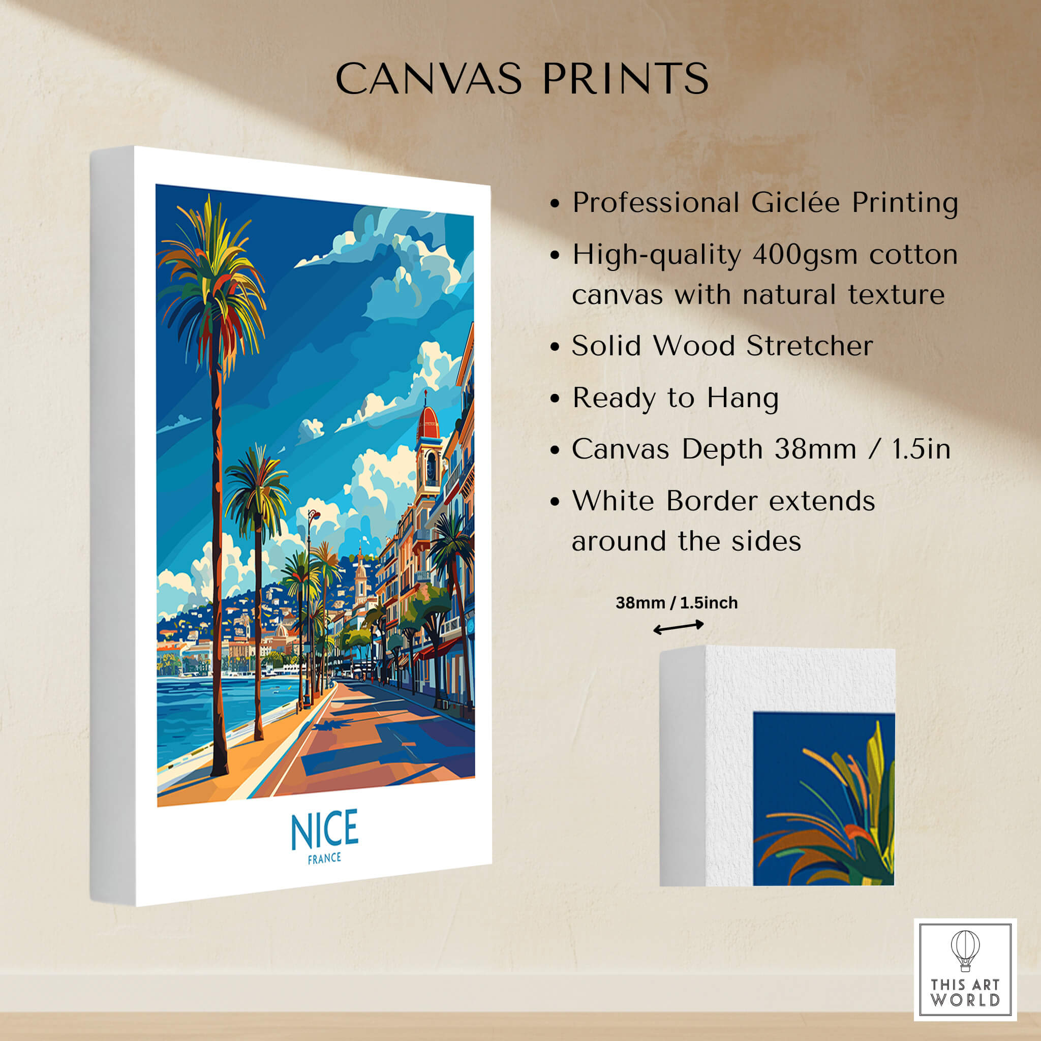 Nice Travel Poster - France showcasing vibrant colors and French coastal views on a canvas print.