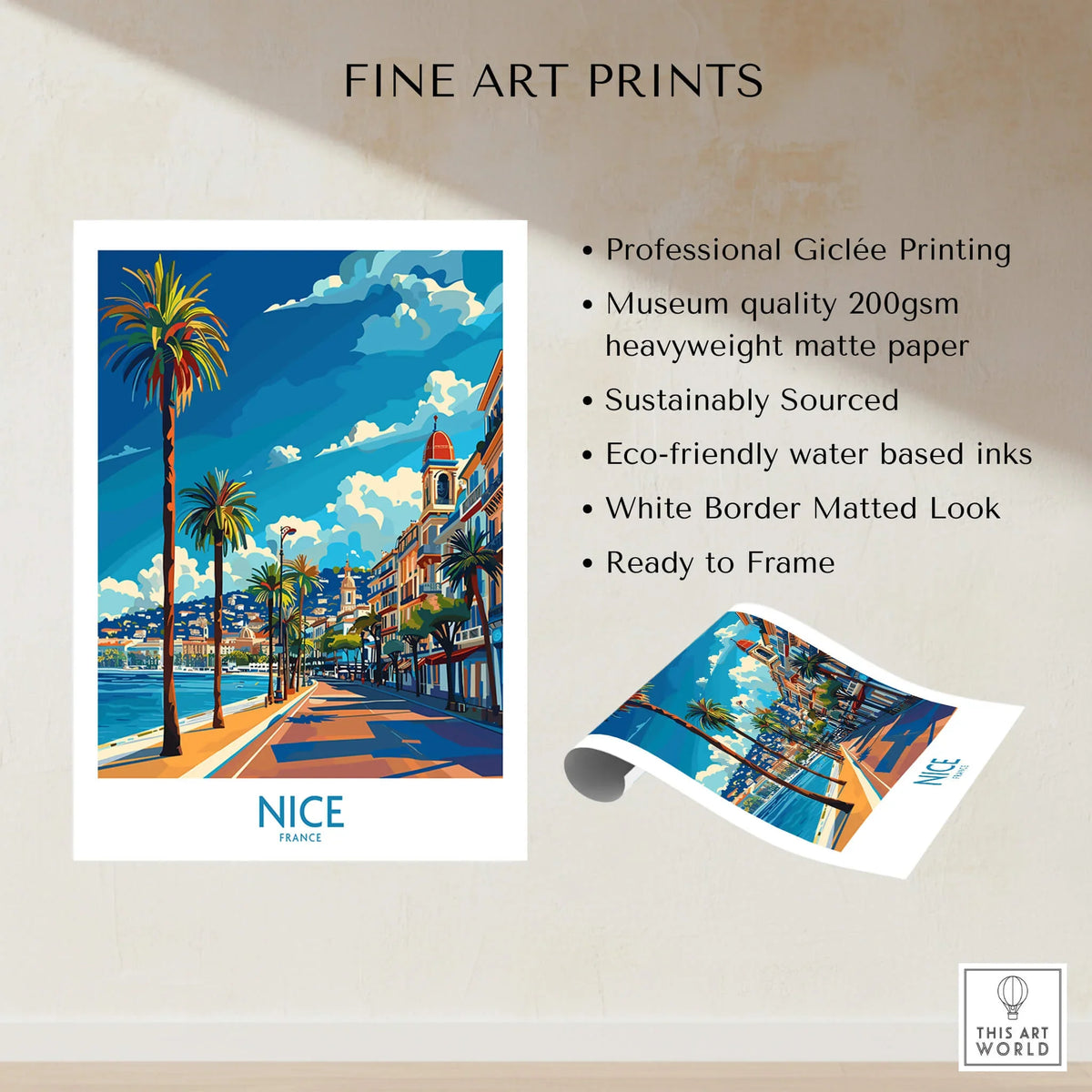 Nice Travel Poster - France showcasing vibrant coastal views and palm trees, perfect for home decor and travel enthusiasts.