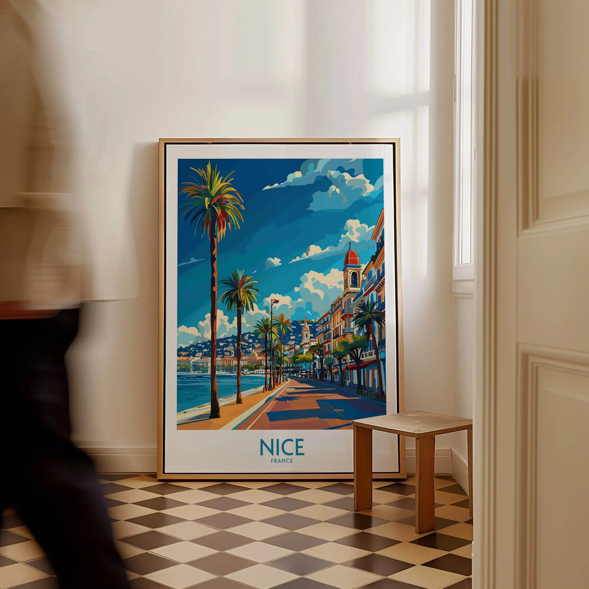 Nice Travel Poster - France showcasing a vibrant Nice landscape with palm trees and stunning blue skies.