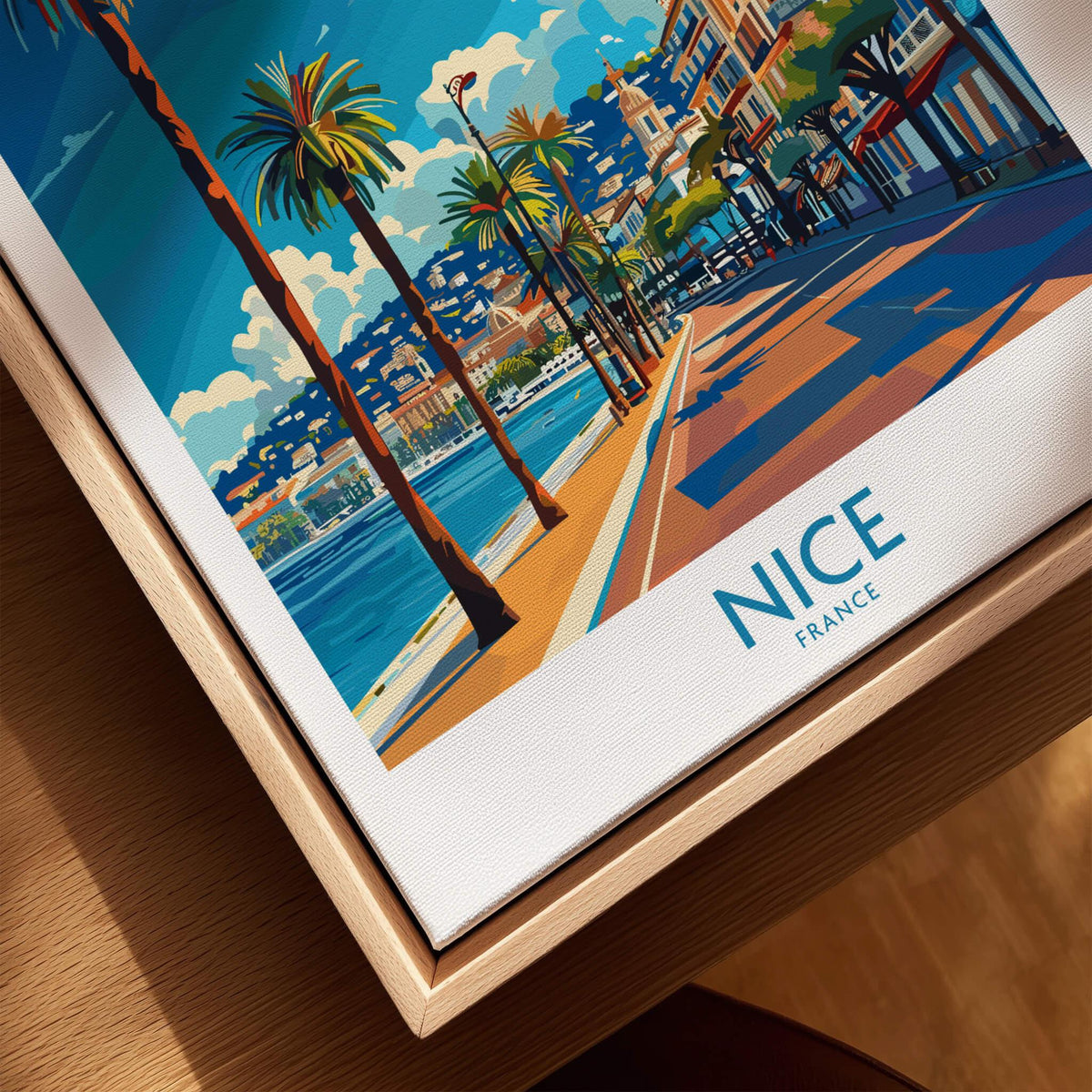 Nice Travel Poster - France showcasing the beautiful waterfront and palm trees in Nice, capturing the essence of Côte d'Azur.