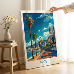 Nice Travel Poster - France featuring vibrant coastal scenery with palm trees and a picturesque skyline.