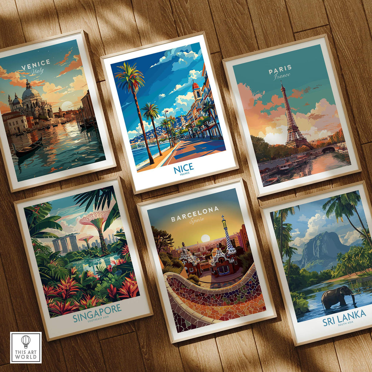 Nice Travel Poster - France featuring vibrant travel destination prints including Venice, Paris, Singapore, Barcelona, and Sri Lanka.