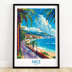 Nice Poster - France featuring a vibrant coastal view with palm trees and blue waters.